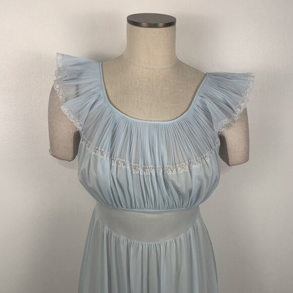 VINTAGE Vanity Fair Pale Blue Nylon Nightgown Maxi Slip Flounce Sleeve S / 32 - Picture 2 of 14